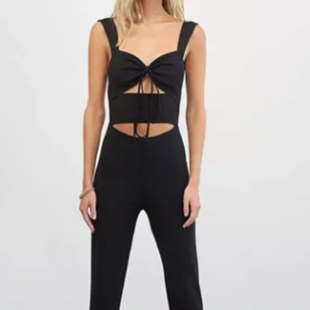 New 4th + Reckless Cutout Tummy Slit Leg Black Jumpsuit Catsuit S XS NWOT